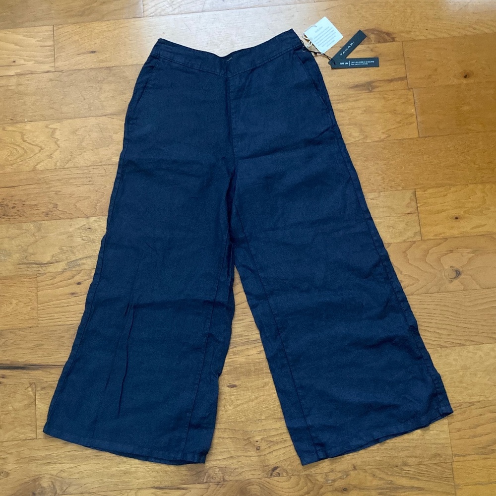 NWT TAHARI  Linen Cropped Wide Leg Pants Navy